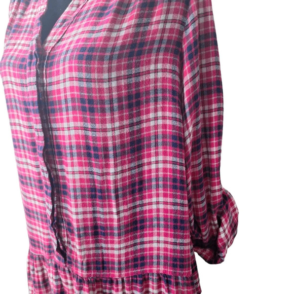 Lane Bryant Plaid Flannel Sz 18 Roll Tab Sleeves High Low Ruffle Hem Popover Top - Picture 9 of 16